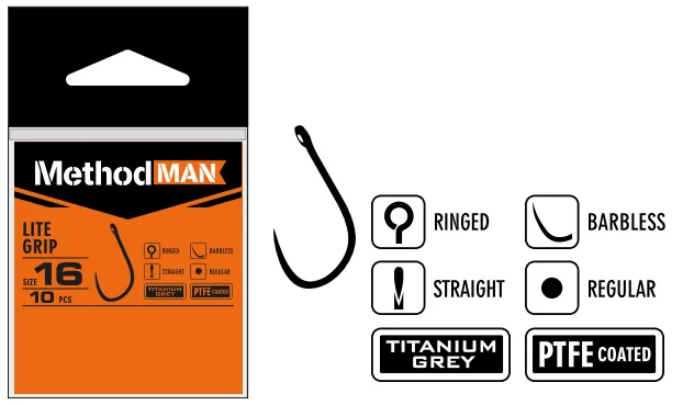 HOOK METHODMAN LITE GRIP TITANIUM GREY BARBLESS SIZE 16 PACK. 10 PCS.