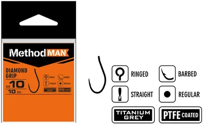 HOOK METHODMAN DIAMOND GRIP TITANIUM GREY BARBED PACK. 10 PCS.
