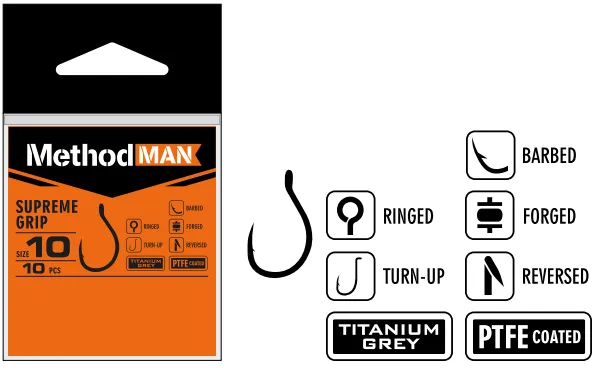 HOOK METHODMAN SUPREME GRIP TITANIUM GREY BARBED SIZE 12 PACK. 10 PCS.