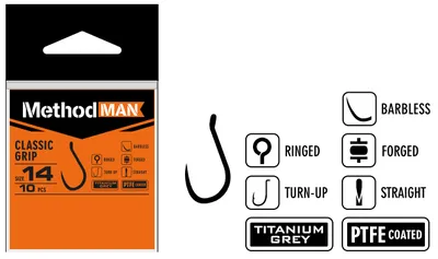 HOOK METHODMAN CLASSIC GRIP TITANIUM GREY BARBLESS PACK. 10 PCS.