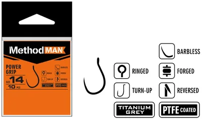 HOOK METHODMAN POWER GRIP TITANIUM GREY BARBLESS PACK. 10 PCS.