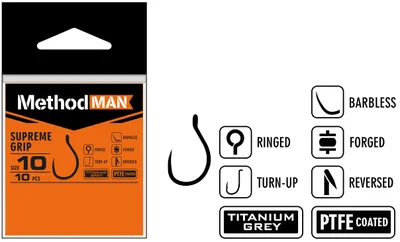 HOOK METHODMAN SUPREME GRIP TITANIUM GREY BARBLESS PACK. 10 PCS.