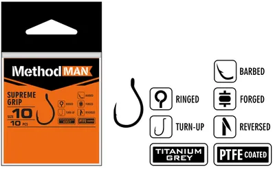 HOOK METHODMAN SUPREME GRIP TITANIUM GREY BARBED PACK. 10 PCS.