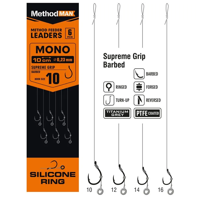 METHOD FEEDER RIG WITH RUBBER 3mm METHODMAN SUPREME GRIP TITANIUM GREY BARBED SIZE 12 LINE 0.23mm op. 6 pcs.