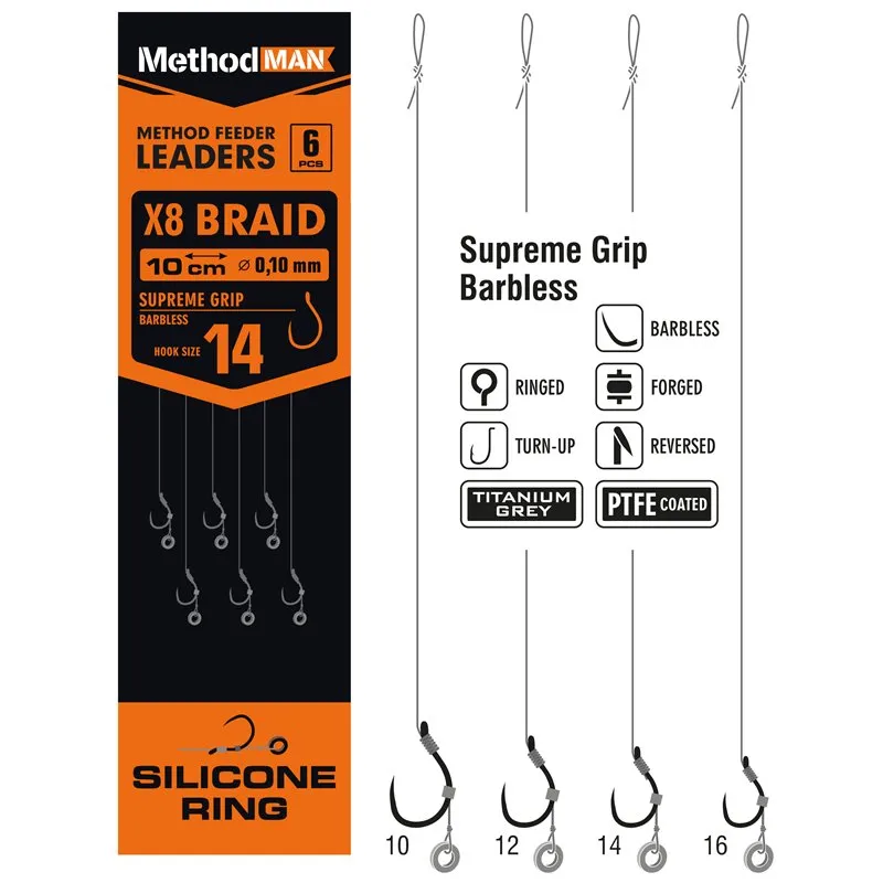 METHOD FEEDER RIG WITH PIN METHODMAN DIAMOND GRIP TITANIUM GREY BARBED SIZE 10 LINE 0.23mm op. 6 pcs.