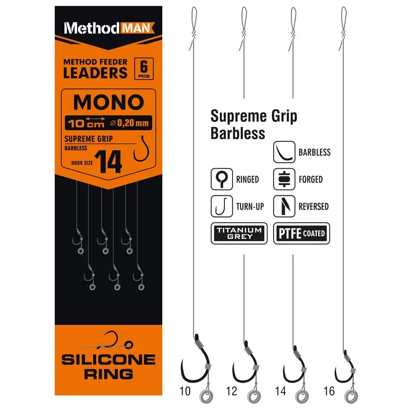 METHOD FEEDER RIG WITH RUBBER 3mm METHODMAN SUPREME GRIP TITANIUM GREY BARBLESS SIZE 10 LINE 0.23mm op. 6 pcs.