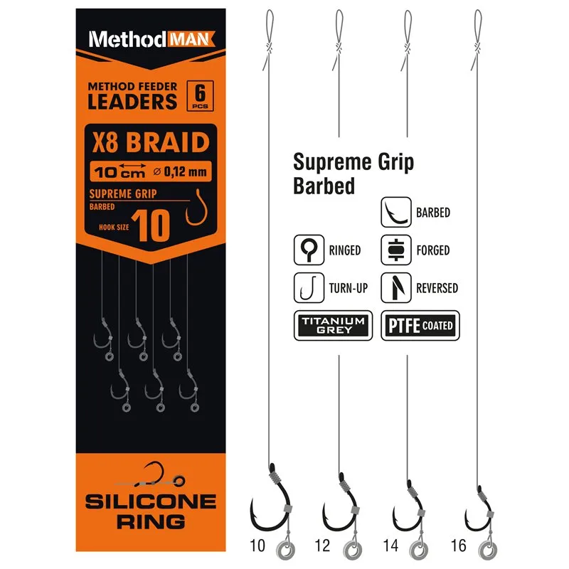 METHOD FEEDER RIG WITH PIN METHODMAN SUPREME GRIP TITANIUM GREY BARBLESS SIZE 10 LINE 0.23mm op. 6 pcs.