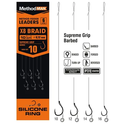 METHOD FEEDER RIG WITH RUBBER 3mm METHODMAN SUPREME GRIP TITANIUM GREY BARBLESS BRAID 0.12mm op. 6 pcs.