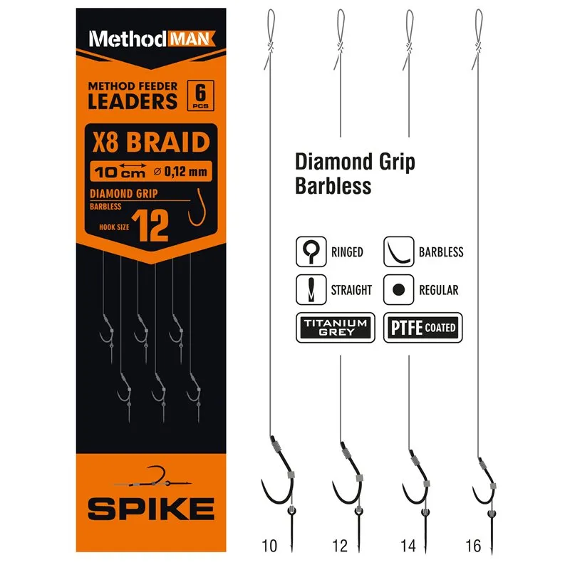 METHOD FEEDER RIG WITH PIN METHODMAN DIAMOND GRIP TITANIUM GREY BARBED SIZE 14 BRAID 0.10mm op. 6 pcs.