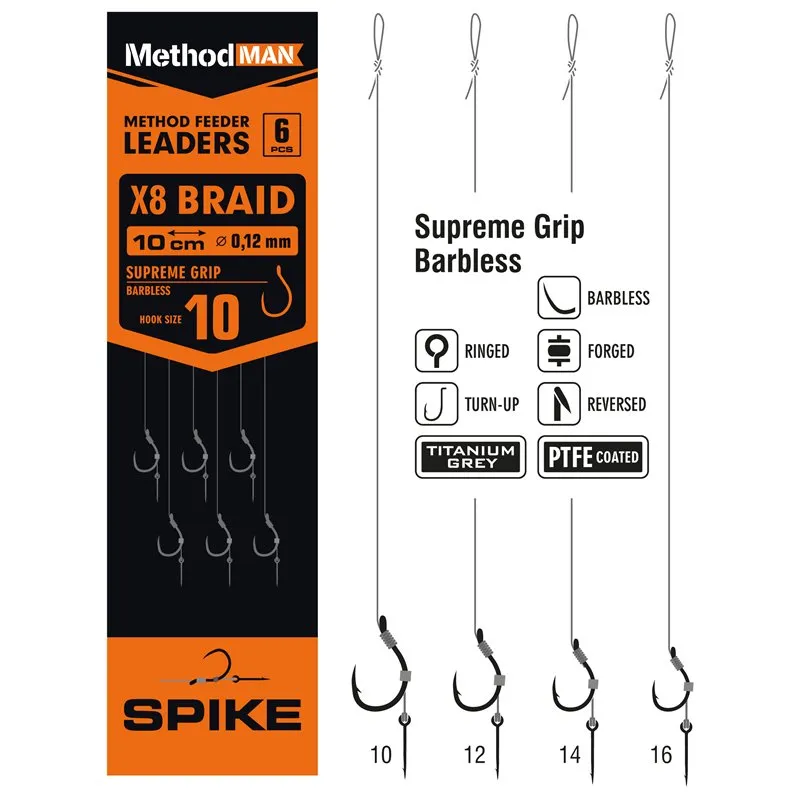 METHOD FEEDER RIG WITH PIN METHODMAN SUPREME GRIP TITANIUM GREY BARBLESS SIZE 14 BRAID 0.10mm op. 6 pcs.
