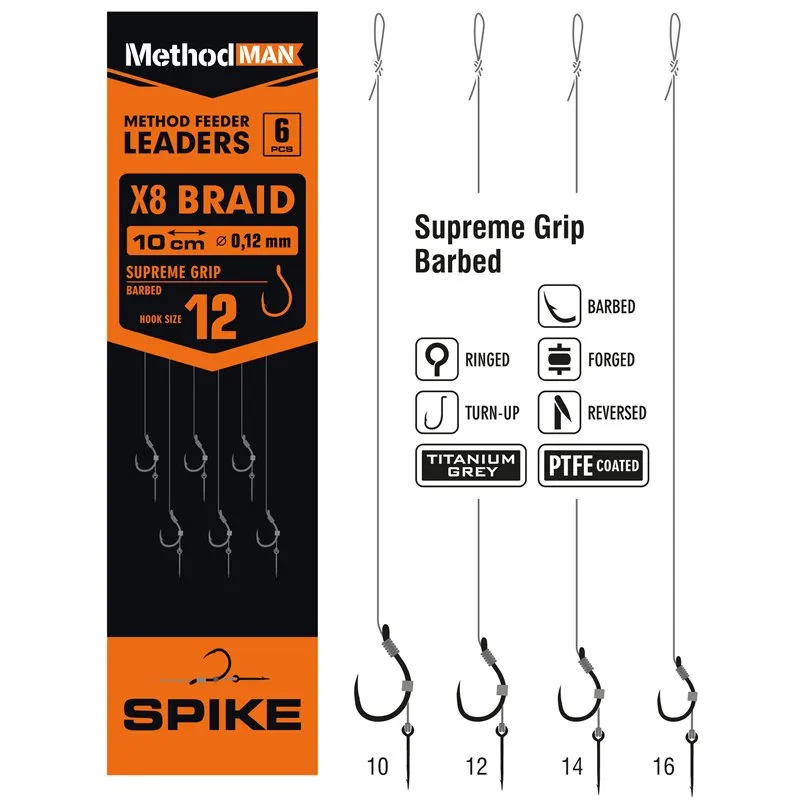 METHOD FEEDER RIG WITH PIN METHODMAN SUPREME GRIP TITANIUM GREY BARBED SIZE 16 BRAID 0.10mm op. 6 pcs.