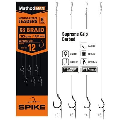 METHOD FEEDER RIG WITH PIN METHODMAN SUPREME GRIP TITANIUM GREY BARBED BRAID op. 6 pcs.